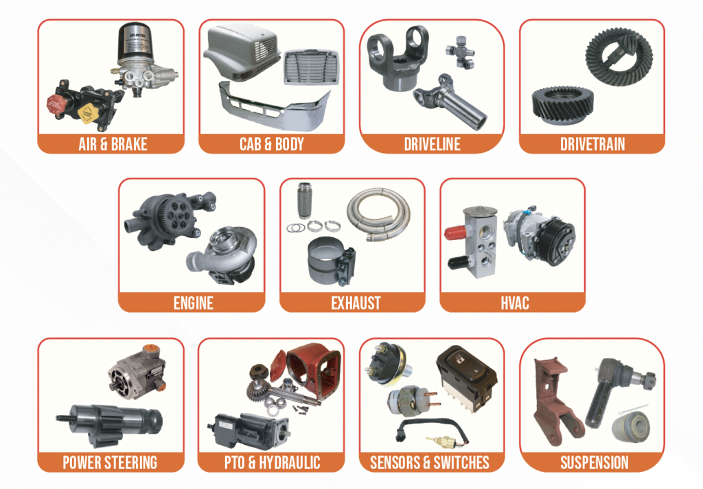 Image of Aftermarket Parts Categories we can supply - Air & Brake, Cab & Body, Driveline, Drivetrain, Engine, Exhaust, HVAC, Power Steering, PTO & Hydraulic, Sensors & Switches, Suspension